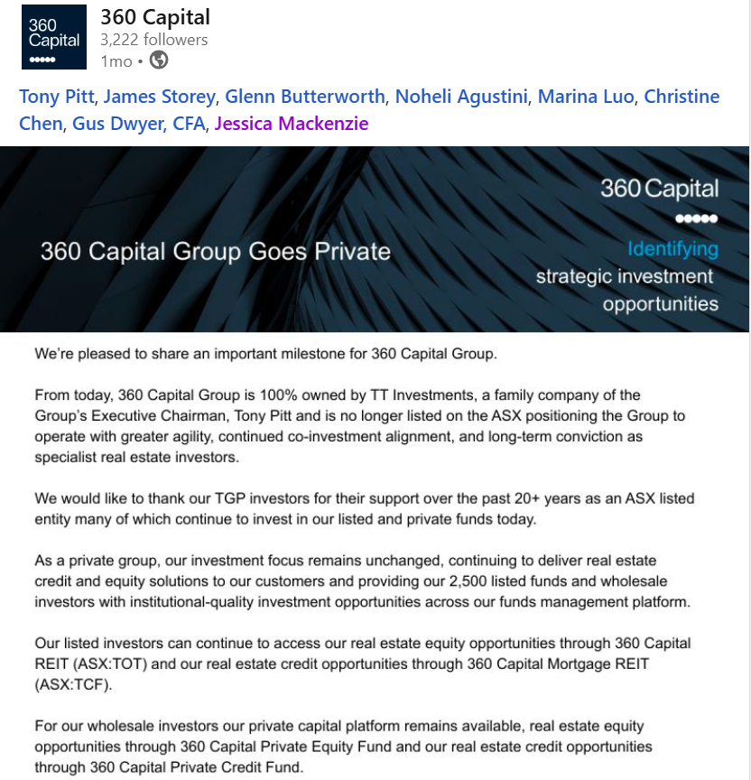 360 Capital Goes Private